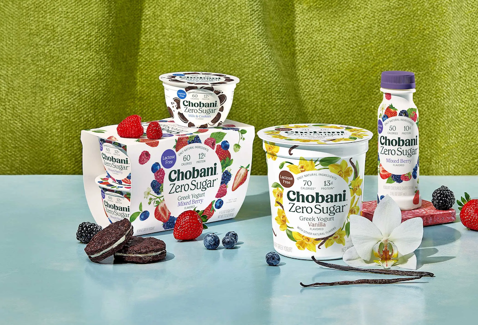 Chobani Zero Sugar Greek yogurt products in various flavors with fresh fruit and flowers.