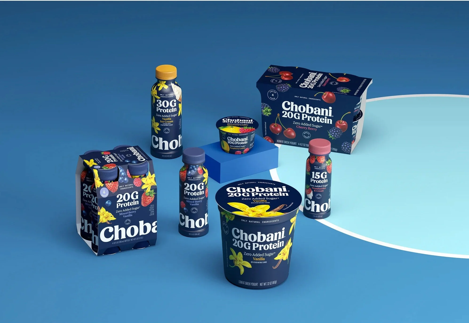 Multiple Chobani yogurt products on a blue background.