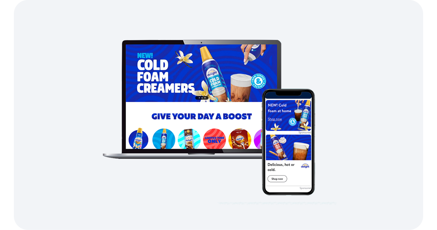 Cold foam creamers digital ad displayed on both a laptop and a mobile phone screen.
