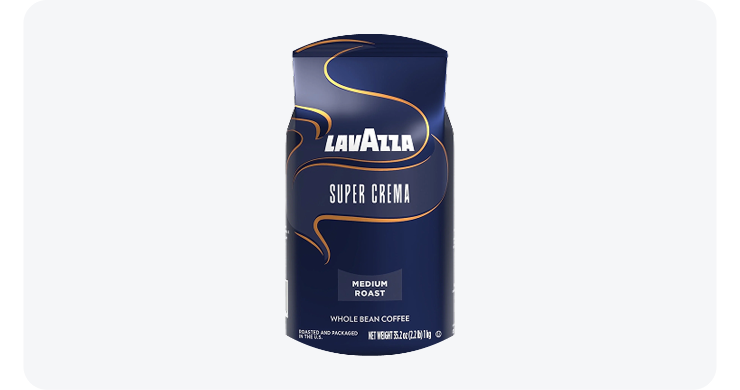 Lavazza Super Crema medium roast whole bean coffee in a blue 35.2 oz package.