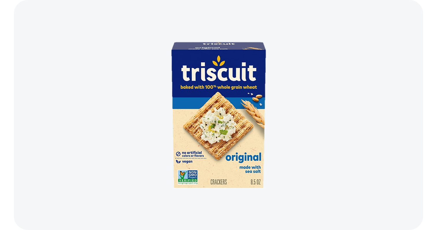 Box of Triscuit original crackers made with whole grain wheat and topped with cheese.