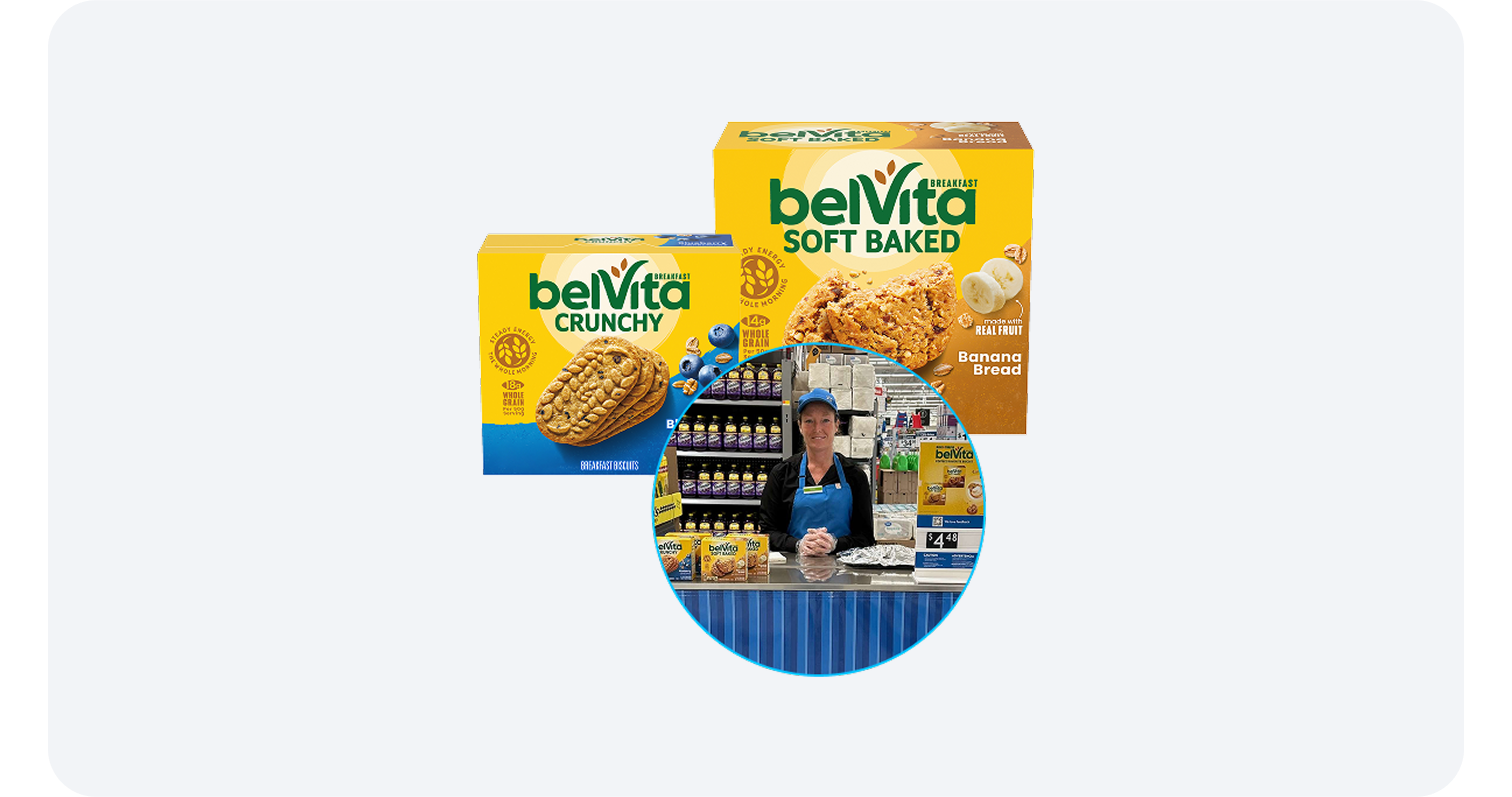 belVita Crunchy and Soft Baked products with a store associate offering samples at a display.