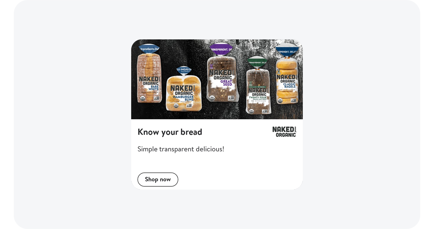 ariety of Naked Organic bread products including loaf, buns, seed bread, and bagels.