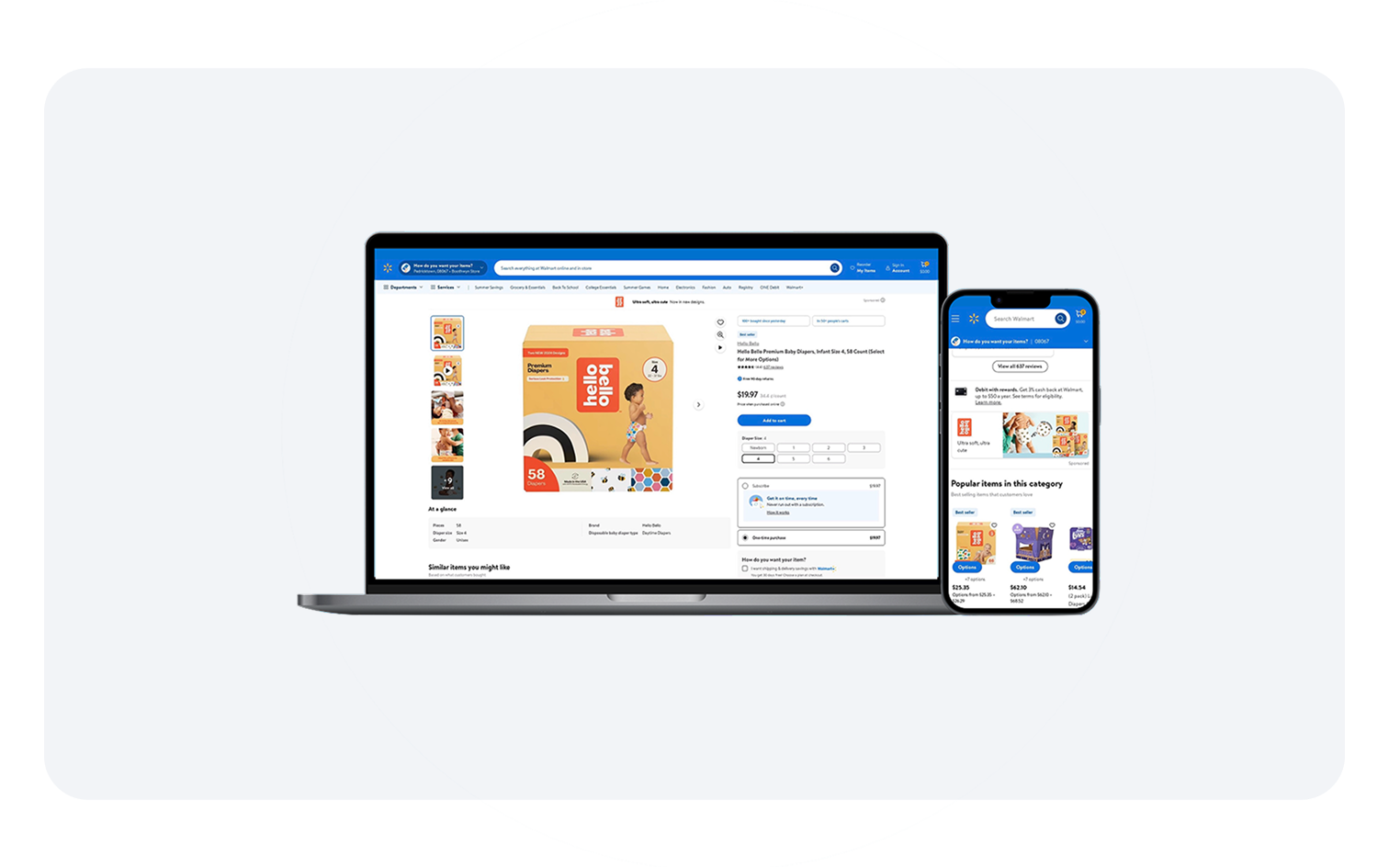 Hello Bello diapers product page and sponsored ad displayed on a laptop and mobile device.