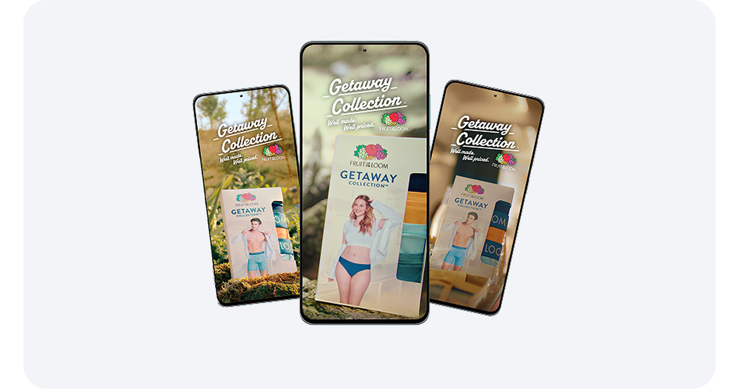 Fruit of the Loom Getaway Collection ads displayed on three smartphones with product images.