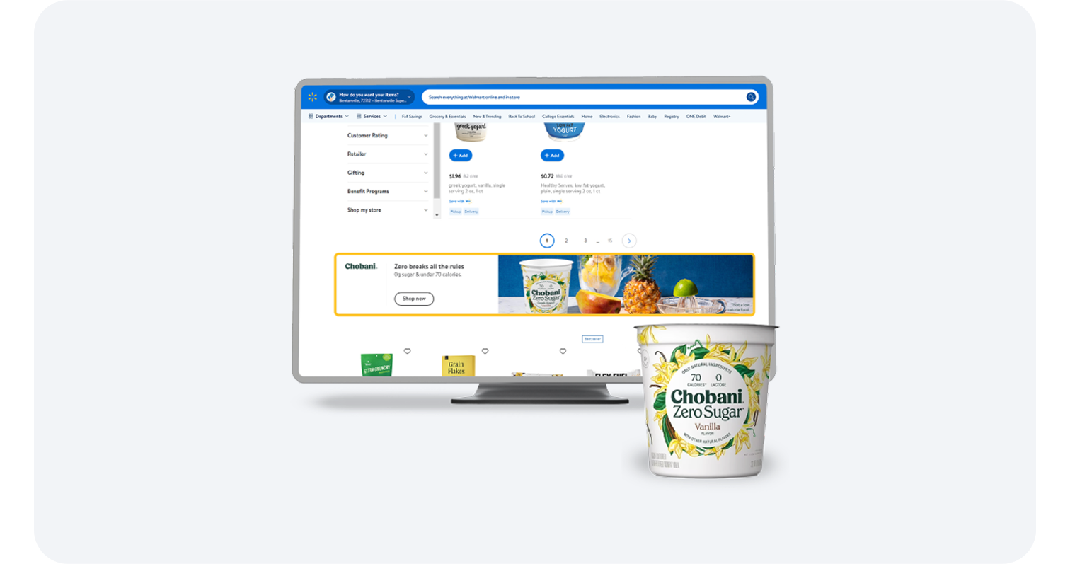 Yogurt product page on Walmart's site with a Chobani featured ad displayed on a desktop screen.