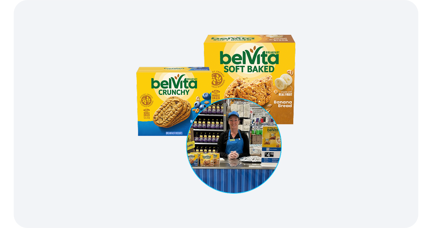 belVita Crunchy and Soft Baked products with a store associate offering samples at a display.