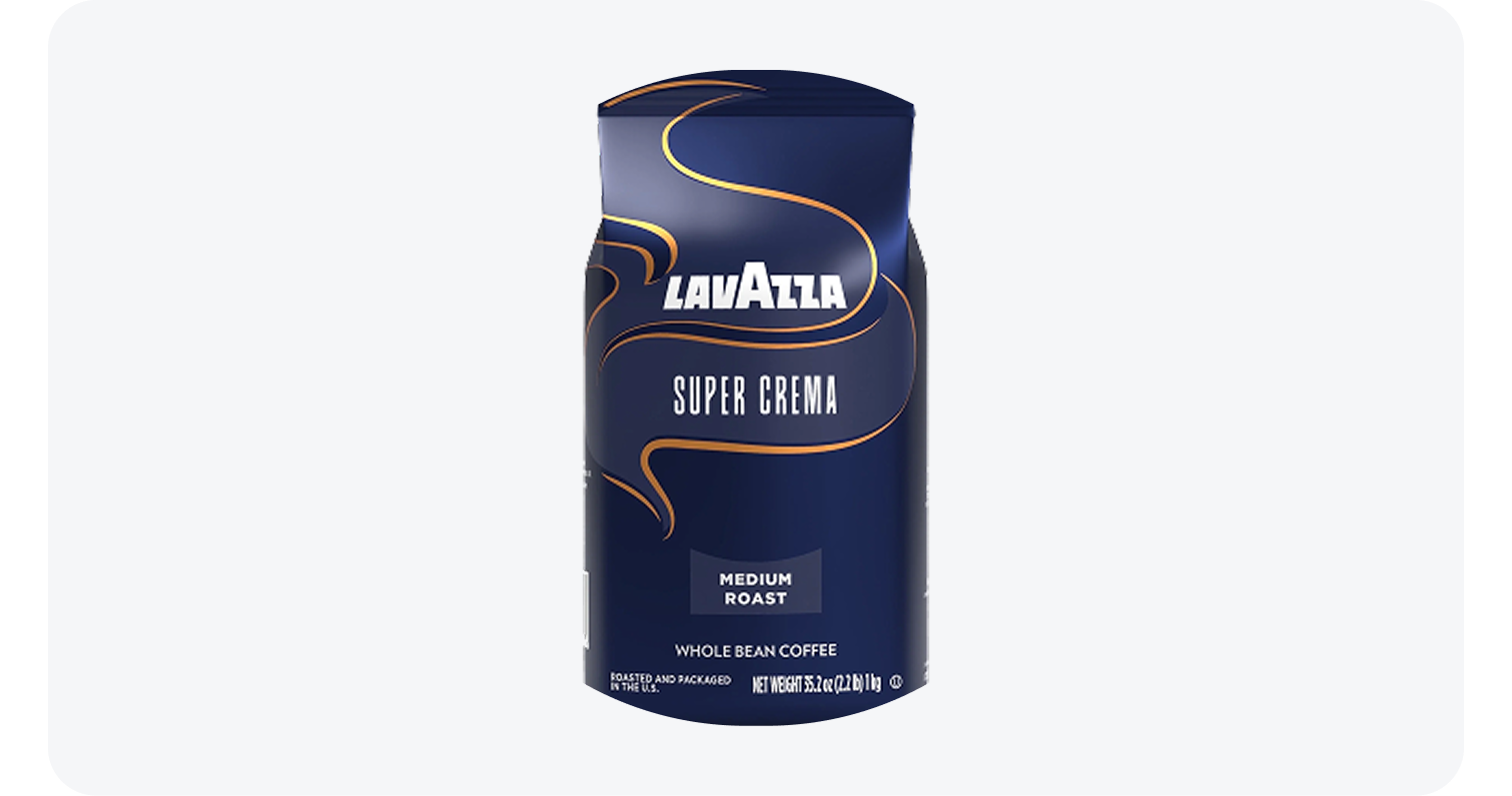 Lavazza Super Crema medium roast whole bean coffee in a blue 35.2 oz package.