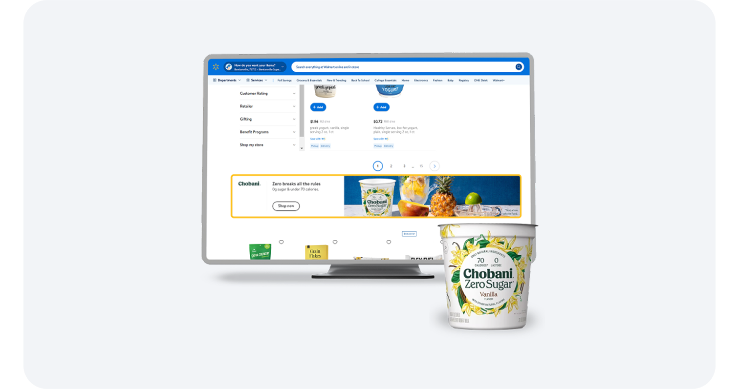Yogurt product page on Walmart's site with a Chobani featured ad displayed on a desktop screen.