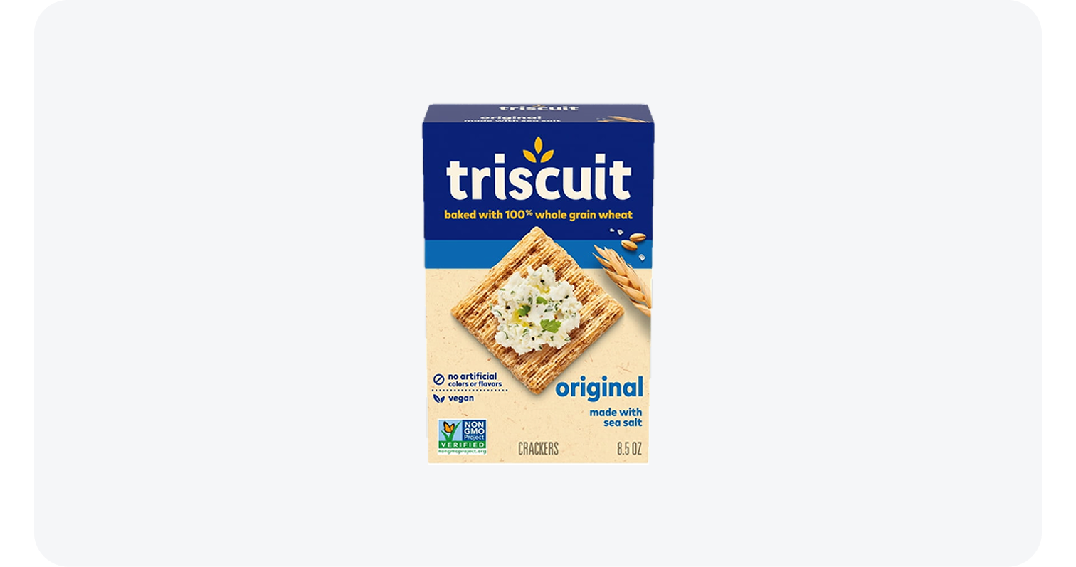 Box of Triscuit original crackers made with whole grain wheat and topped with cheese.