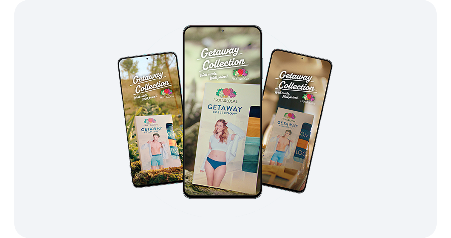 Fruit of the Loom Getaway Collection ads displayed on three smartphones with product images.