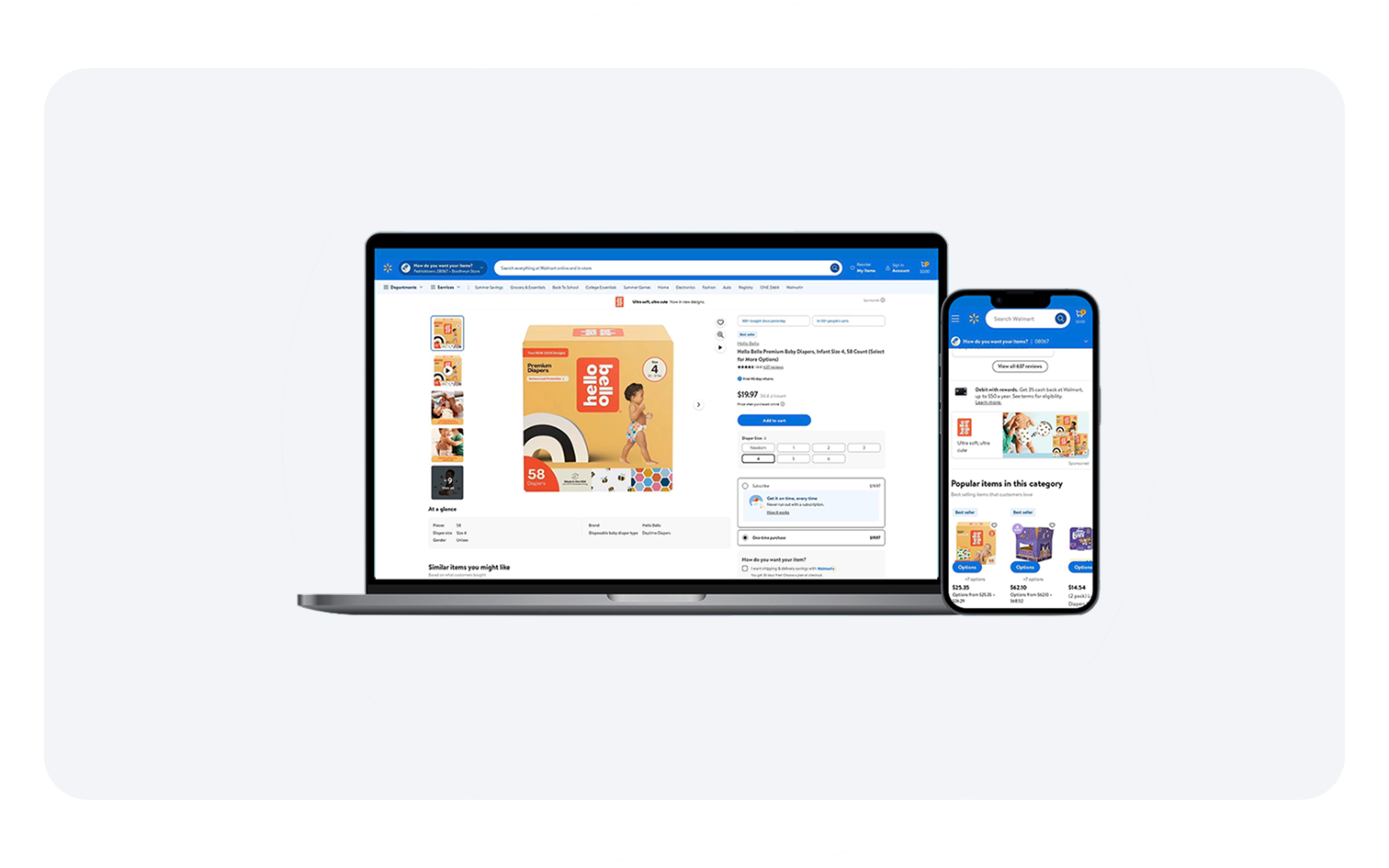 Hello Bello diapers product page and sponsored ad displayed on a laptop and mobile device.