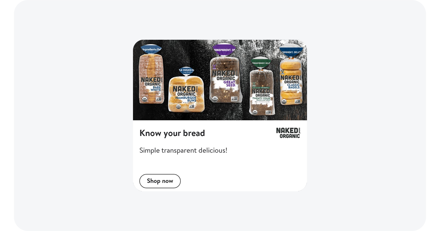 ariety of Naked Organic bread products including loaf, buns, seed bread, and bagels.