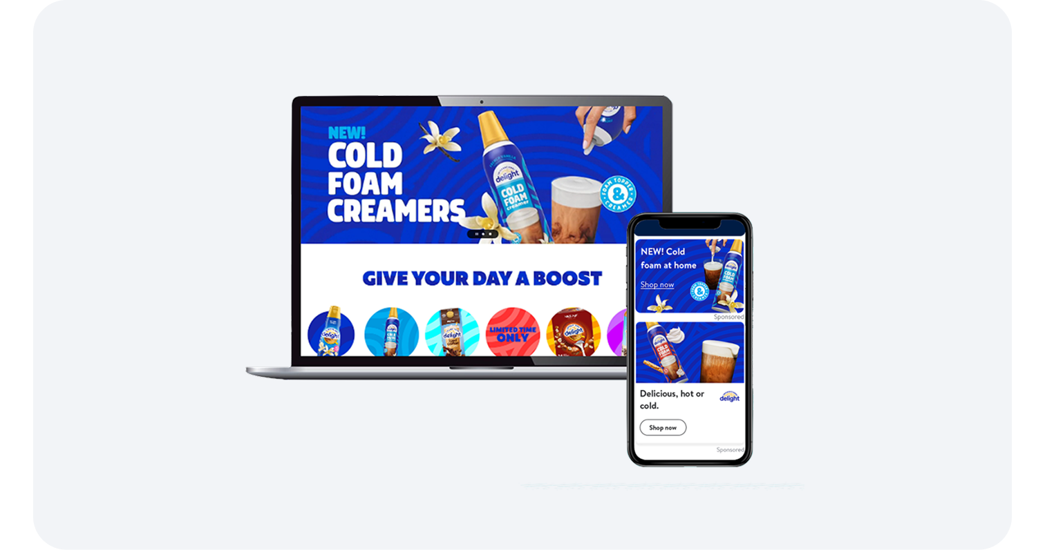 Cold foam creamers digital ad displayed on both a laptop and a mobile phone screen.